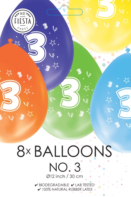 Ballon DUBBELZIJDIG BEDRUKT cijfer 3 ass zakje 8 stuks per 6