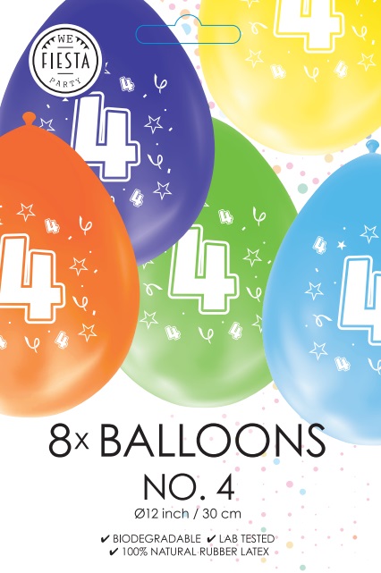 Ballon DUBBELZIJDIG BEDRUKT cijfer 4 ass zakje 8 stuks per 6