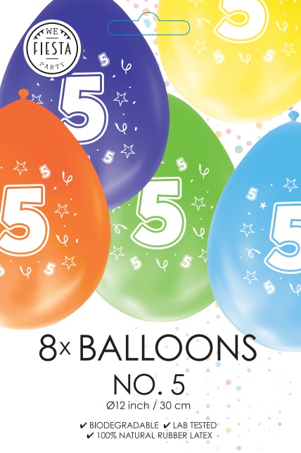Ballon DUBBELZIJDIG BEDRUKT cijfer 5 ass zakje 8 stuks per 6