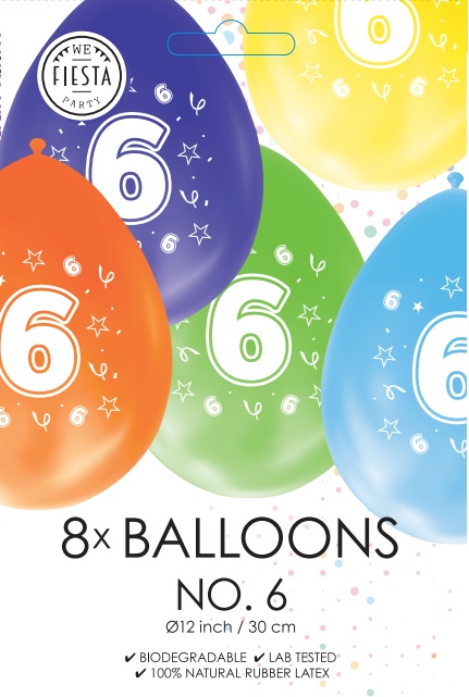 Ballon DUBBELZIJDIG BEDRUKT cijfer 6 ass zakje 8 stuks per 6