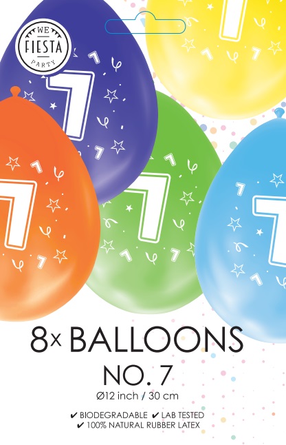 Ballon DUBBELZIJDIG BEDRUKT cijfer 7 ass zakje 8 stuks per 6