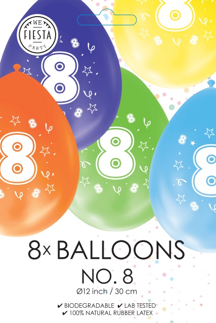 Ballon DUBBELZIJDIG BEDRUKT cijfer 8 ass zakje 8 stuks per 6