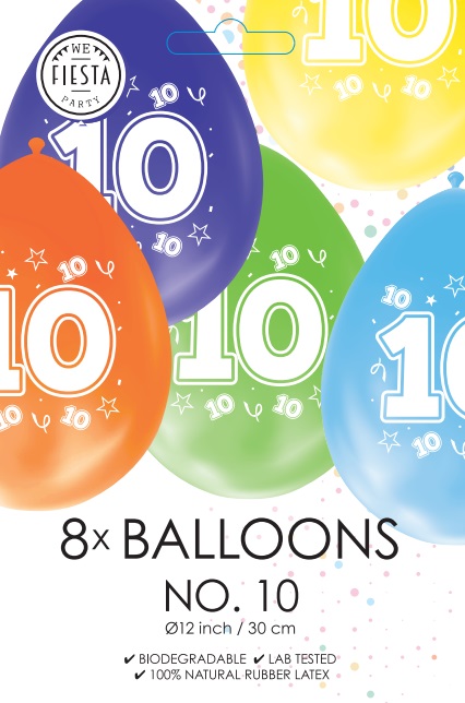 Ballon DUBBELZIJDIG BEDRUKT cijfer 10 ass zakje 8 stuks per 6