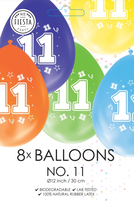 Ballon DUBBELZIJDIG BEDRUKT cijfer 11 ass zakje 8 stuks per 6