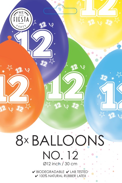 Ballon DUBBELZIJDIG BEDRUKT cijfer 12 ass zakje 8 stuks per 6
