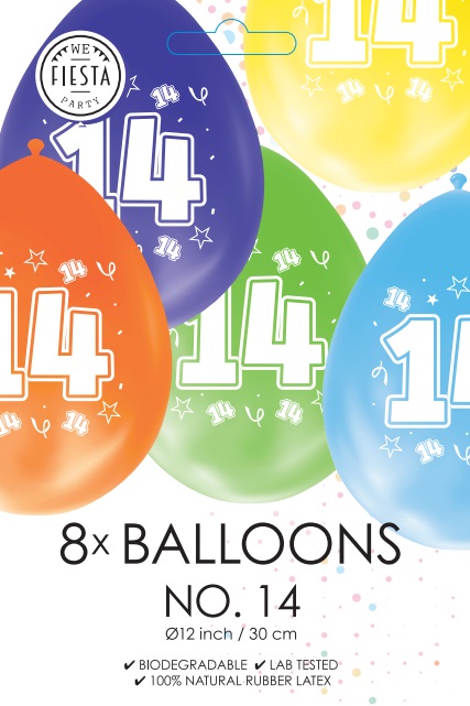 Ballon DUBBELZIJDIG BEDRUKT cijfer 14 ass zakje 8 stuks per 6