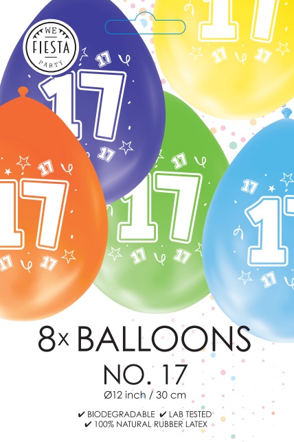 Ballon DUBBELZIJDIG BEDRUKT cijfer 17 ass zakje 8 stuks per 6
