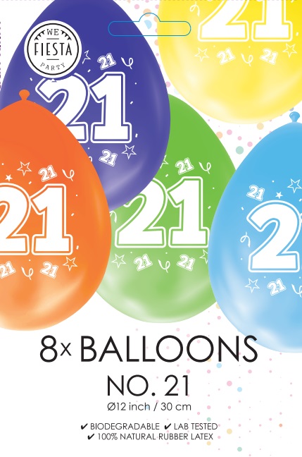 Ballon DUBBELZIJDIG BEDRUKT cijfer 21 ass zakje 8 stuks per 6
