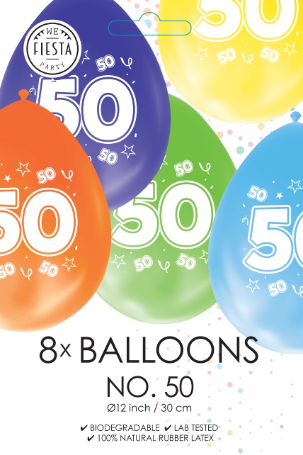 Ballon DUBBELZIJDIG BEDRUKT cijfer 50 ass zakje 8 stuks per 6