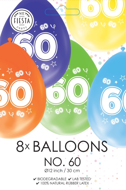 Ballon DUBBELZIJDIG BEDRUKT cijfer 60 ass zakje 8 stuks per 6