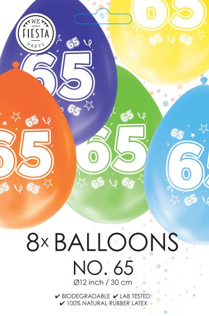 Ballon DUBBELZIJDIG BEDRUKT cijfer 65 ass zakje 8 stuks per 6