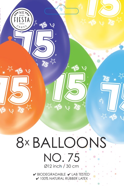 Ballon DUBBELZIJDIG BEDRUKT cijfer 75 ass zakje 8 stuks per 6