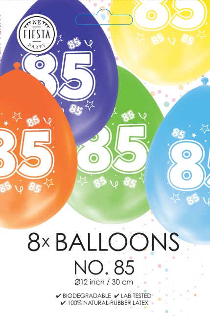 Ballon DUBBELZIJDIG BEDRUKT cijfer 85 ass zakje 8 stuks per 6