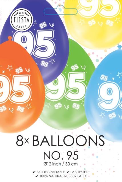 Ballon DUBBELZIJDIG BEDRUKT cijfer 95 ass zakje 8 stuks per 6