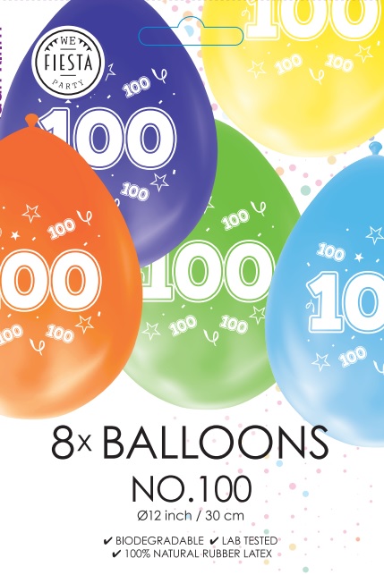 Ballon DUBBELZIJDIG BEDRUKT cijfer 100 ass zakje 8 stuks per 6