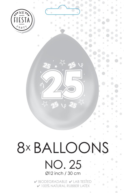 Ballon cijfer 25 zilver zakje a 10 ballon / per 6