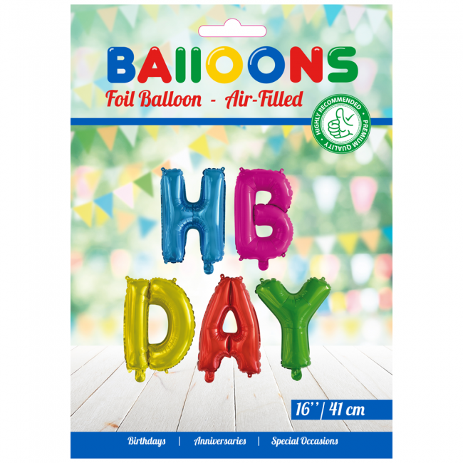 Folieballonnen set HBDAY,  - ass. kleuren