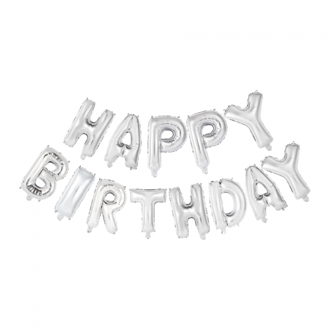 Folieballonnen  set 'Happy Birthday' zilver per 6